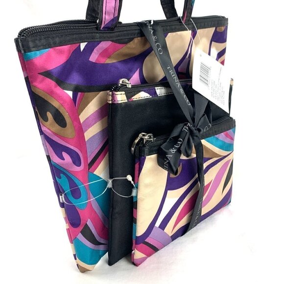 Trina & Co. Cosmetic Bag Set of Three - Multicolor Abstract Print/Black, NWT - Picture 3 of 6